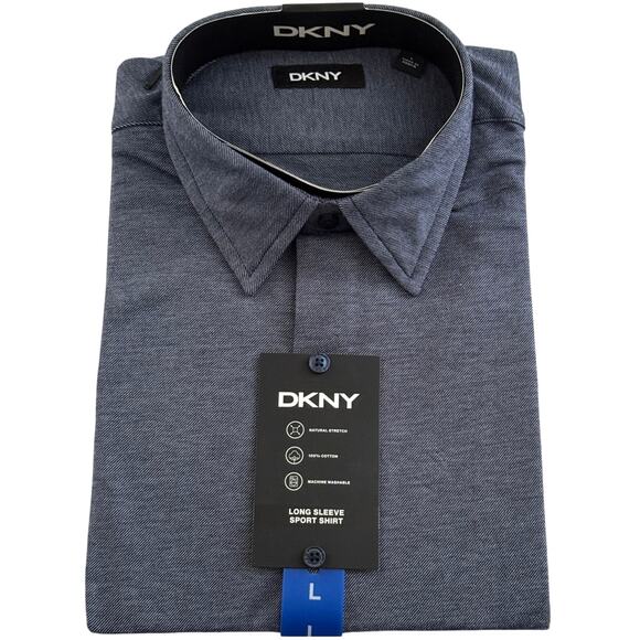 DKNY Button Up Long Sleeve Cotton Stretch Sport Shirt - Blue - Size Large - Picture 2 of 7